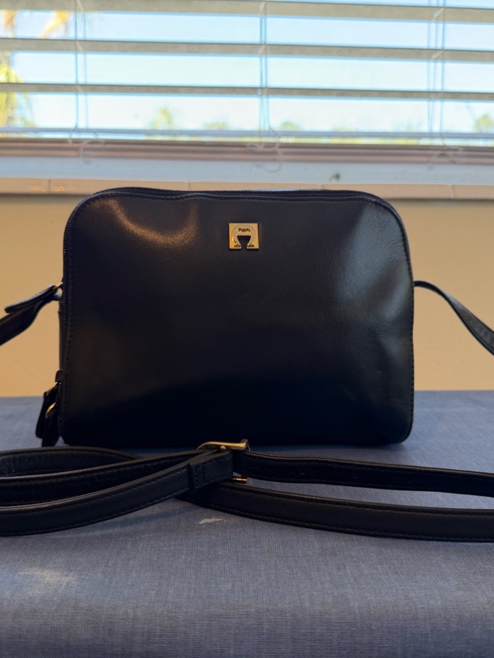 Etienne Aigner Black Leather Crossbody Bag Vintage Gold Logo Purse